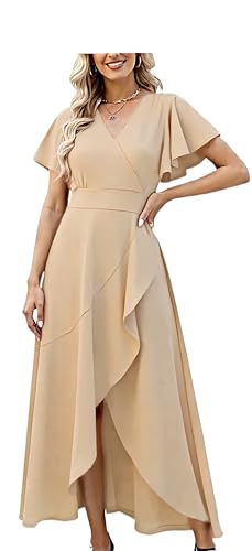 Image of BABYONLINE D.R.E.S.S. Formal Dresses for Women Cocktail Dress Split V Neck Wrap Ruffle Wedding Guest Dress 3089-XIN