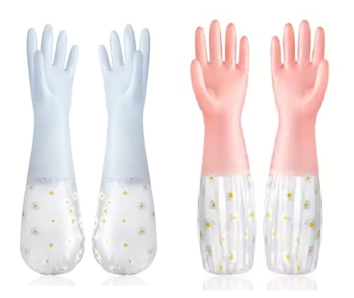 Image of Heavy Duty Hand Gloves For Dishwashing, Gardening, Kitchen Cleaning Non-Slippery & Durable Long Elbow Length(Inner Cotton Lining For Comfort) (Grey + Peach)