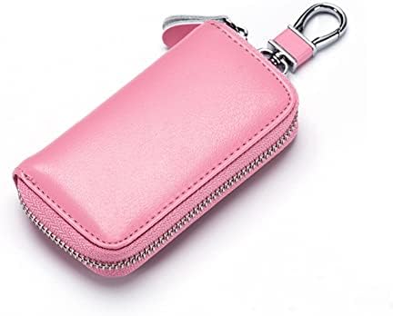 LANZITOER Leather Car Key Case Holder Keychain Case Wallet Zipper Closure For Men And Women (Pink)