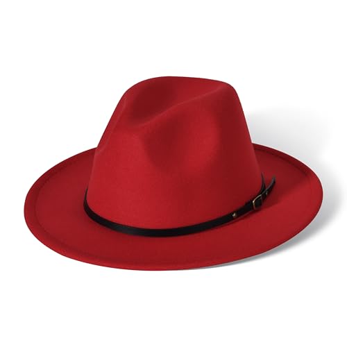 Willheoy Wide Brim Fedora Hats for Women & Men Two Tone Felt Hat Gradient Dress Hat (US Numeric 7 7 1/4 Red 1#)