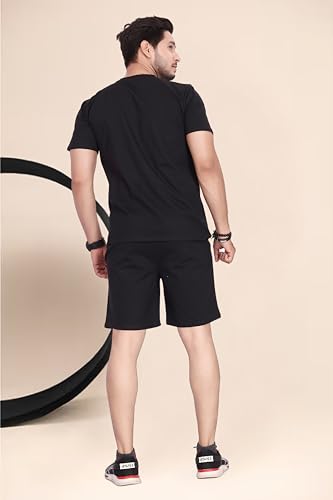 Image of HOODMASTER Men's Cotton Night Suit Set of Top & Knee Length Shorts with Round Neck Half Sleeves Solid Pattern Regular Fit and Standard Length | Mens Cotton Night Suit | T-Shirt and Shorts Sets