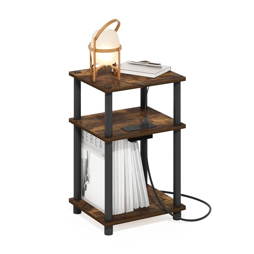 Image of Furinno Just 3-Tier Turn-N-Tube Open Storage Side Table, End Table with USB and Type-C Charging Station, Amber Pine /Black