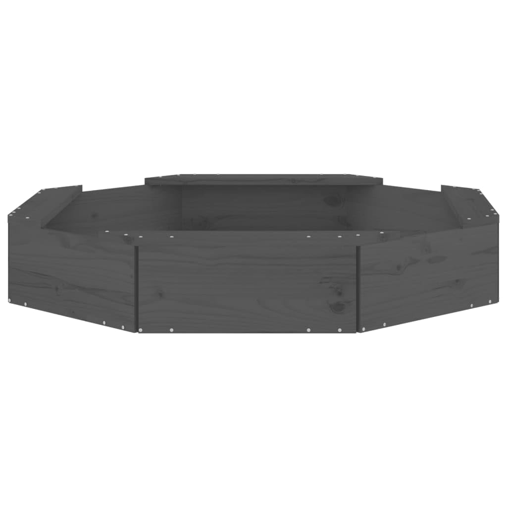 Grauer Sandkasten mit Sitzen aus massivem Kiefernholz achteckig 111 x 111 x 20 cm für 2 Kinder, bodenlos, Außenbereich für Garten, Terrasse, Hof und Balkon