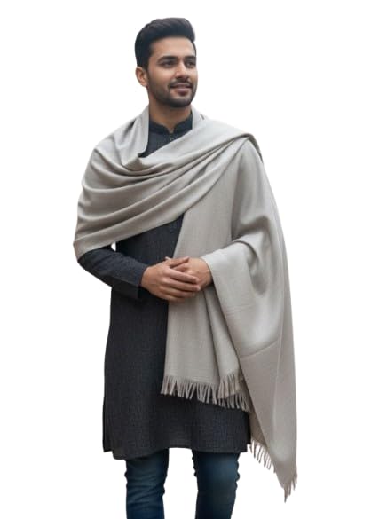 Elegant Winter Lohi Shawl for Men, Light Grey Traditional Wrap with Fringe Detail, Premium Draping Stole-image-26