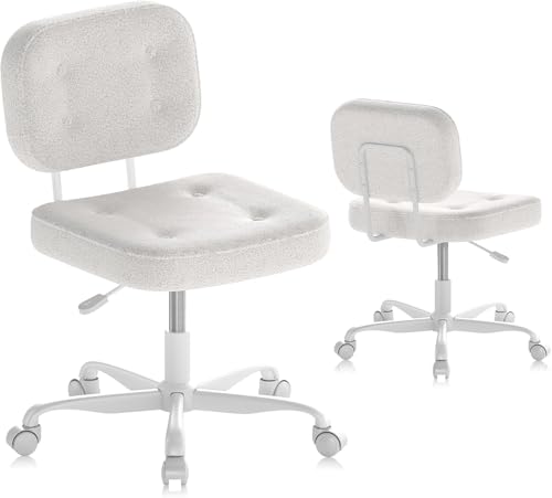 AnyGod Silla De Escritorio Sin Brazos para Oficina En Casa, Asiento Giratorio Ajustable con Ruedas, Silla Ergonómica De Respaldo Bajo, Teddy-Fleece Blanco