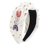 愛国的なデザインのヘアフープ、ラインストーン付き、レタリングパールがちりばめられたテーマパーティー、家族の集まりや写真撮影用に愛国的なヘアアクセサリー