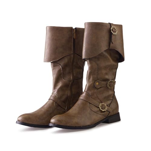 DUNHAO COS Men's Faux Leather Medieval Boots Viking Pirate Costume Boots Renaissance Faire Cosplay Shoes- Light brown US 7.5/CH 39