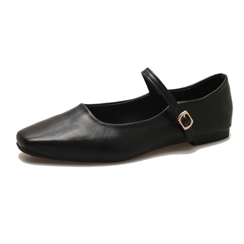 Women's Classic Leather Square Toe Flat Mary Jane Shoes Fashion Slip On Buckle Casual Ballet Shoes Comfortable Closed Toe Office Work Dress Shoes (black, Adult, Women, 9, Numeric, US Footwear Size System, Medium)