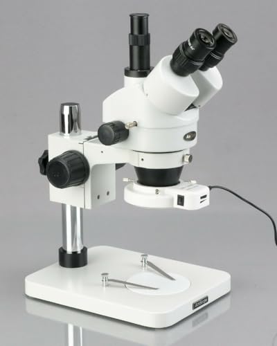 Image of AmScope SM-1TS-144S-M Digital Professional Trinocular Stereo Zoom Microscope, WH10x Eyepieces, 7X-45X Magnification, 0.7X-4.5X Zoom Objective, 144-Bulb LED Ring Light, Pillar Stand, 110V-240V, Includes 1.3MP Camera with Reduction Lens and Software