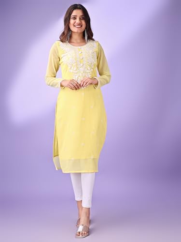 Image of HESVI Women's Georgette White Lakhnavi Chikankari Kurti with Intricate Embroidery Work