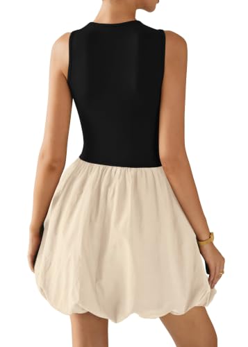 Image of KIRUNDO Summer Dresses for Women 2026 Cute Mini Sleeveless Bubble Dress | Stretchy Ruched Front Cinched Waist, Woven Balloon Skirt, Crewneck Tank Sundress With Pockets, Casual Party Vacation Outfits