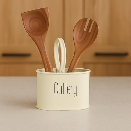 Image of D&G Homes Metal Cutlery Holder | Stainless Steel Spoon & Fork Stand | Multi-Compartment Organizer | Rust-Resistant | Compact & Stylish | Kitchen & Dining Table Use | Easy to Clean | 17x12x10cm | Ivory