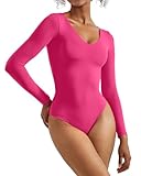SUUKSESS Women Long Sleeve Bodysuit Sexy V Neck Thong Body Suit Shirts Top for Fall (Hot pink, M)