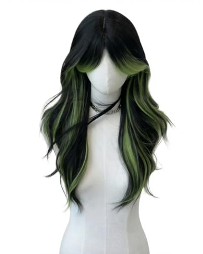 Feyxthyn Natural Black Green Highlight Long Wavy Wig with Bangs & Middle Part Heat Resistant Synthetic goth Lolita Cosplay Wig for Women Ideal for Daily Wear Festivals & Parties