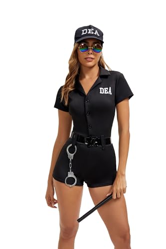 Velcoxplay Sexy polícia uniforme jogo de roleplay cosplay adulto polícia disfarce vestido com chapéu de polícia acessório completo para Halloween carnaval festa preto S