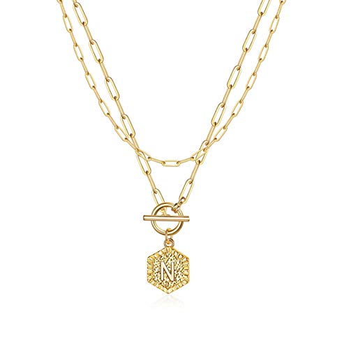 Dainty Gold Layered Necklaces for Women, 14K Gold Plated Layering Paperclip Chain Necklaces for Women Hexagon Letter N Initial Gold Layered Necklaces Choker Necklace Gold Necklace Jewelry for Women