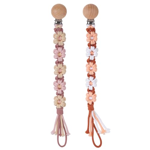 Image of Pacifier Clip for Boys Girls Floral Daisy Macrame Baby Paci Clip Pacifier Holder Leash Boho Wooden Clips Handmade Braided Cotton Binky Clips (2pack:Caramel Style x 2)