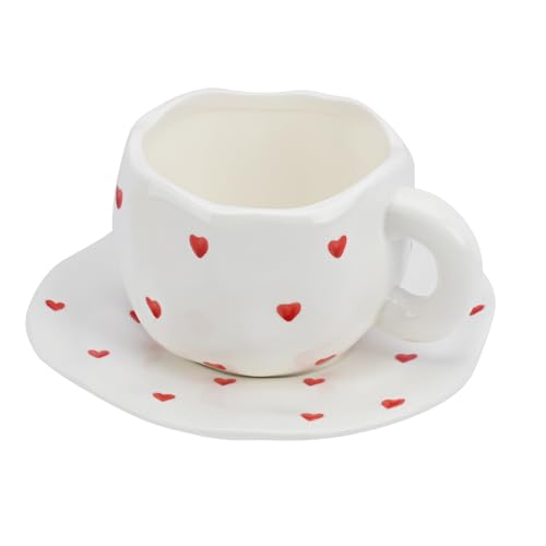 Image of Koythin 10oz Ceramic Mug With Saucer, Small Red Heart Couple Latte Tea Cup