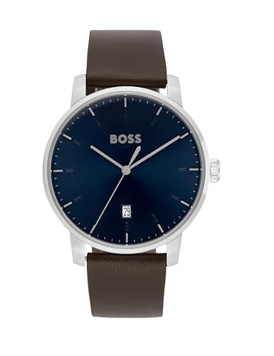 Image of Boss Hugo Dean Qtz Men's Analog Watch, Blue Round Dial, Brown Band 1514160, Basic Calendar, Leather Material