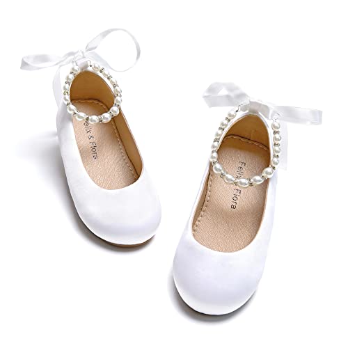 Felix & Flora Girls Toddler Little Ballet Shoes Size 10 - Flower Girls Mary Jane Flats Dress Shoes Party Wedding(White,10 Toddler)