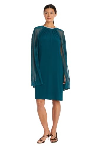 Image of R&M Richards Women's Knee-Length Glitter Sequin Lace Dress W /Sheer Asymmetric Poncho Overlay | Evening Cocktail Attire