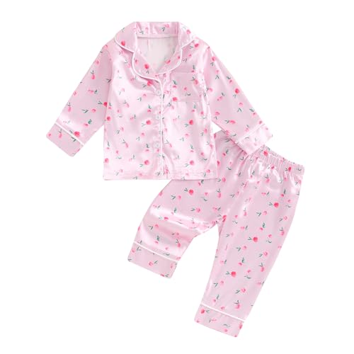 Toddler Baby Girl Silk Pajamas Set Floral Print Long Sleeve Button Down Shirt Pants Matching Pjs Lounge Set