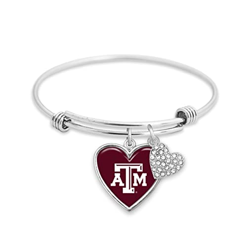 From the Heart Enterprises Texas A&M Amara Crystal Heart Silver Bangle Bracelet Jewelry Gift TAMU, Maroon, 7.5 inches
