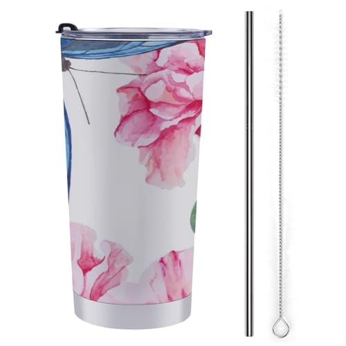 Azalea and Blue Butterflies Insulated Car Cup Travel Coffee Mug 20oz Reusable Tumblers with Lid