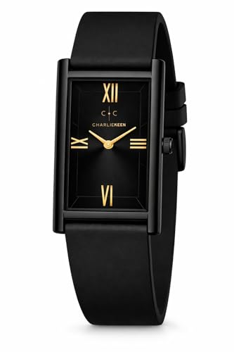 Image of CHARLIEKEEN Rectangular Wristwatch, Black Dial with Rose Gold Roman Numerals, Silicone Strap, Elegant Style