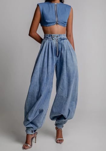 Womens Baggy Harem Jeans Zipper High Waisted Loose Trousers Wide Leg Vintage Balloon Casual Denim Pants3
