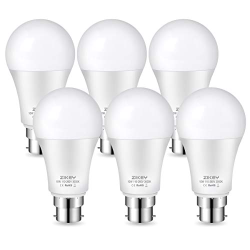 ZIKEY Lot de 6 ampoules LED à baïonnette B22, 10 W (équivalent à 70 W), ampoules globe A60, blanc chaud 3000 K, super lumineux 900 lumens, intensité non variable Cover