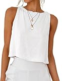 White Linen Tops for Women Summer Casual Loose Sleeveless Crop Linen Tank Tops Shirts (White, S)