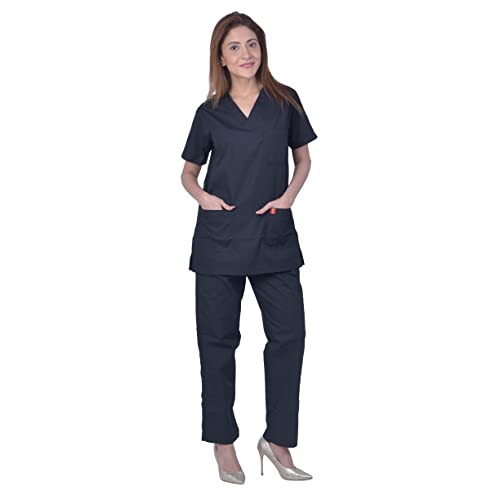Image of UNISEX V-NECK POLYESTER COTTON MEDICAL SCRUB SUIT FOR DOCTORS (TOP AND BOTTOM) TRIPLE NEEDLE STITCH TOP WITH CHEST POCKET, BLACK, 46-3XL.