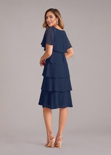 Ruffled Tiered Mother of The Bride Dresses for Women 2025 Chiffon Short Wedding Guest Dress with Sleeves4