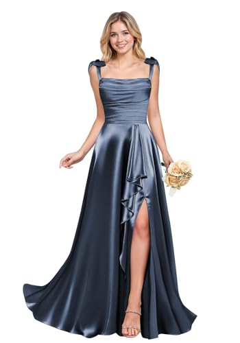 Spaghetti Straps Satin Bridesmaid Dresses for Women Long Pleated Formal Evening Prom Party Gown with Pockets