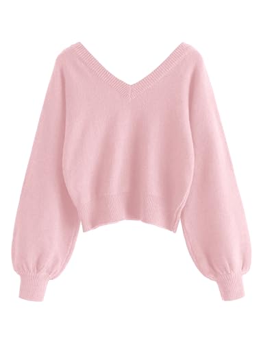 Image of ZAFUL Women's Cropped Sweater V-Neck Long Sleeve Pullover Jumper Knit Top | Crop Length, Ribbed Knit, Double V design, White sweater, Raglan sleeves, lantern sleeve, Fall & Winter, Loose fit, Oversized