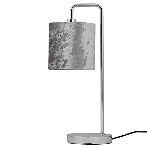 firstchoicelighting Polished Chrome Table Lamp or Bedside Light, Modern Arched Design, Grey Crushed Velvet Shade, Height 45cm, LED Compatible