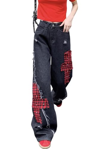 Unisex Y2K Baggy Wide Leg Jeans – Black Ripped Distressed Denim Pants with Red Plaid Patchwork Punk Streetwear