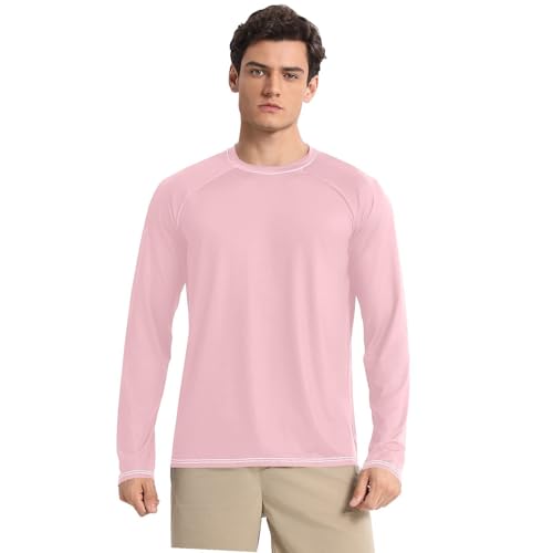 Pink Men's Rash Guard Shirts Slim fit Loose UV Sun Protection Long Sleeve Shirts Summer