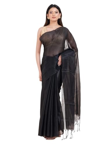 Image of Women's Tissue Cotton Saree | Plain Lightweight Tassel Pallu Saree with Blouse