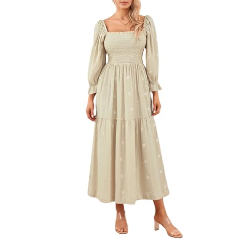 Damen Langarm Maxikleid Quadratischer Ausschnitt Blume Stickerei Rückenfrei Bohemian Flowy Kleid Elegant Strand Langes Kleid, A-apricot, Medium