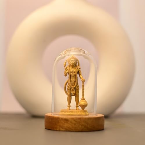Image of ARTOCITI Standing Blessing Lord Hanuman Miniature Murti in Glass Dome (Golden)| Made with Wooden Base,Transparent Glass Dome for Table Top,Car Dashboard, Home Temple, Office Desk (3.5x.2.5 inches)