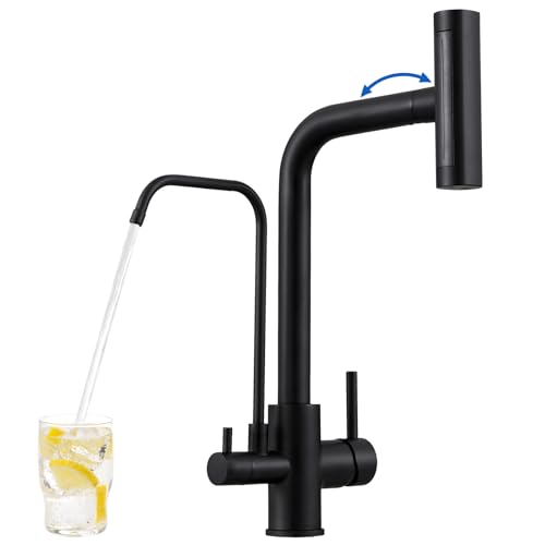 ROVOGO Mitigeur Robinet d'Evier de Cuisine Noir 3 Voies à Eau Filtrée en Acier Inoxydable 304, Douchette Extractible à 4 Modes, 2 Manches pour Eau...