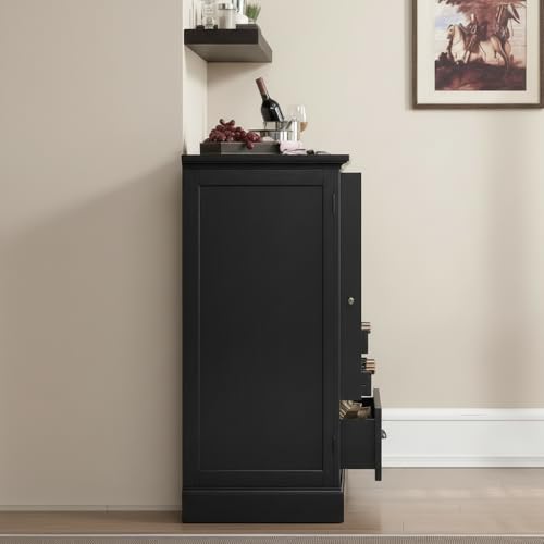 Image of APRODZ Solid Mango Wood Bar Cabinet for Home and Bar | Stylish Wooden Wine Storage Rack with Drawer, Glass Holder & Bottle Organizer Drink Wine Rack Organizer for Living Room,Black Finish