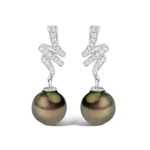14K White Gold 9MM Cultured Black Pearl and Diamond Accent Drop and Dangle Earrings (I-J Color, SI1-SI2 Clarity)