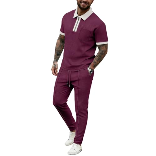 Ensemble polo homme waffle à demi-zip et pantalon décontracté