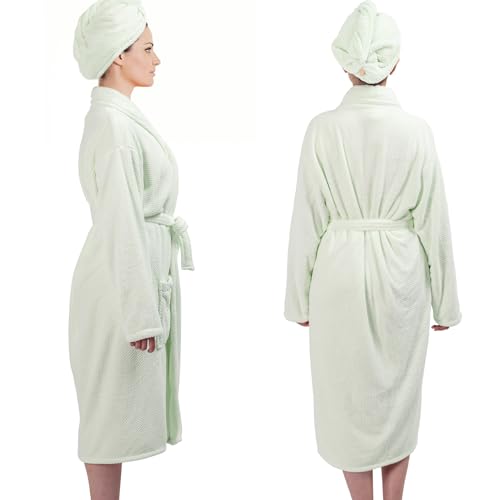 Women Microfiber Coral Fleece Full- Length Bathrobe with Hair Towel Wrap, Soft, Absorbent and Warm2