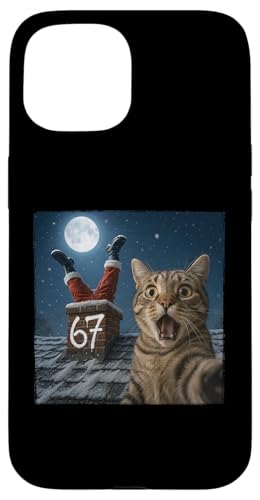 Funny Cat Selfie with Santa Claus Chimney 67 Six Seven Custodia per iPhone 15