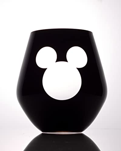 Image of JoyJolt Disney Luxury Mickey Mouse Stemless Wine Glasses Set. 2x European Crystal Glass Drinking Glasses. Premium Xmas Stuff, Gifts and Cups. 20oz Black Wine Glass, Disney Wine Glass
