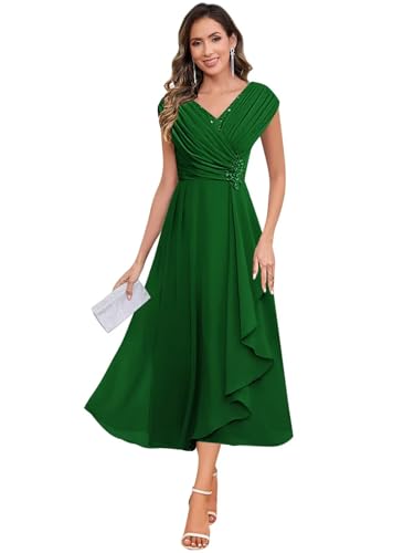 Women's Cap Sleeve Chiffon Mother of The Bride Dresses Tea Length Ruffle A Line Formal Dresses for Wedding
